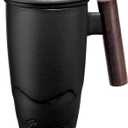 suyika Tomotime Ceramic Tea Cup with Infuser and Lid Tea Mugs Wooden Handle 400ml/13.5oz Black (03-Matte Black)