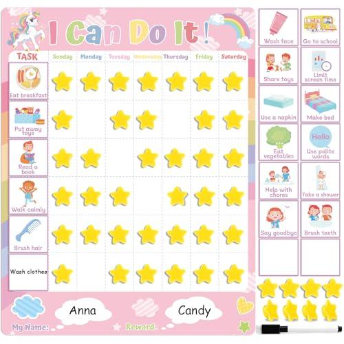 Reward Chore Chart for Kids Unicorn I Can Do It Magnetic Token Board Behavior Responsibility Star Chart with Chore Chart Stickers and 45 3D Magnetic Stars for Girls Toddlers at Home Essentials
