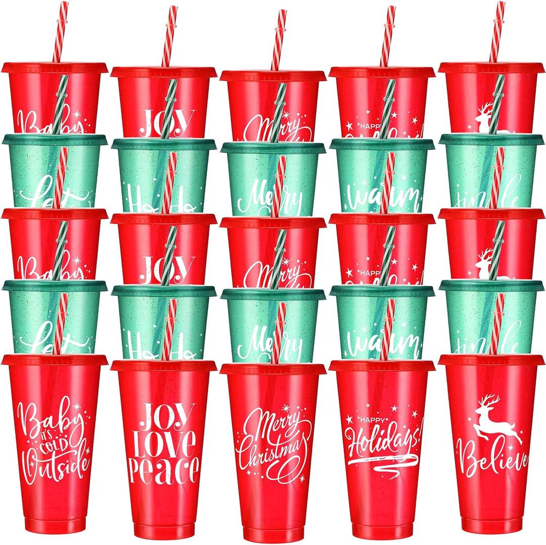 Tioncy 30 Pcs Christmas Plastic Cups with Lids and Straw Bulk, Reusable Christmas Plastic Cups 25 Oz, Christmas Drinking Cups for Juice Coffee Cold Drinks Christmas Party Supplies, 10 Styles