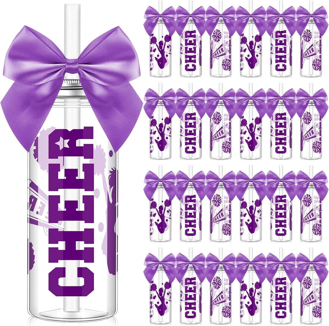 24 Pcs Purple Cheerleader Gift Bulk for Team Cheer Cups 14 oz Bow Water Bottle Plastic Cheer Tumblers with Lid and Straw for Cheerleader Sport Party Favor Gift Purple, 24