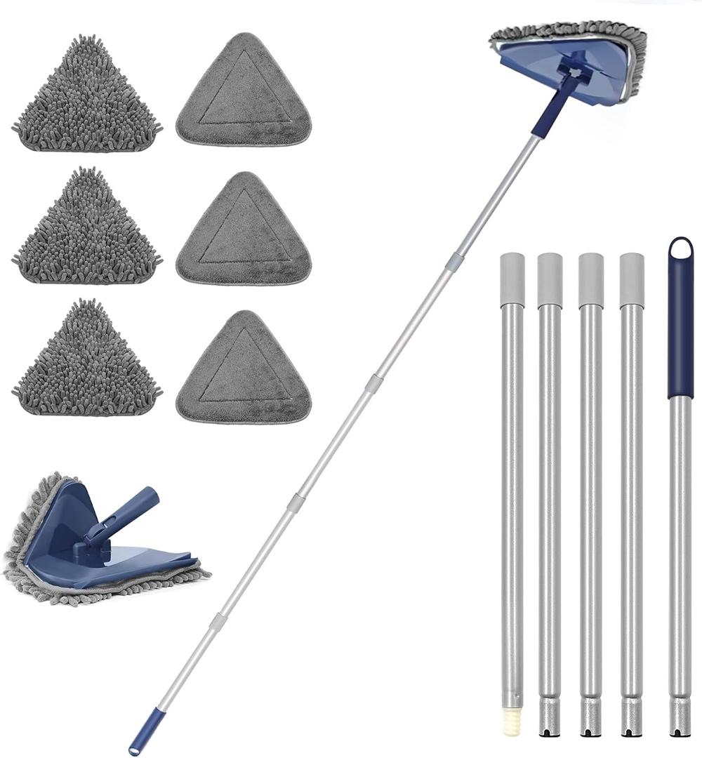 JEHONN Wall Cleaner Mop with Long Handle 82 Inches, 3-in-1 Ceiling Cleaning Tool Duster with 6 Replacement Microfiber Chenille Pads for Painted Walls, Window, Floor, Baseboard (Blue)