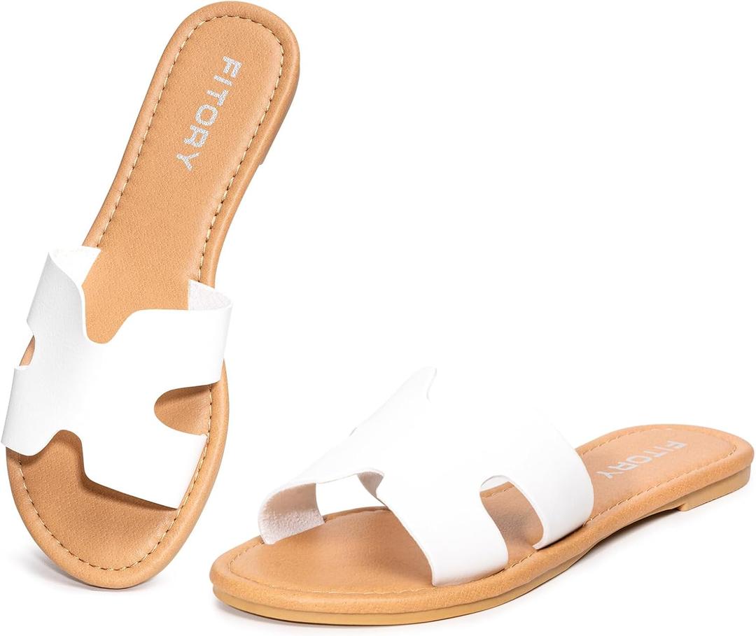 FITORY Women's Comfortable Dressy Leather Flat Sandals - Stylish & Beautiful Summer Slides Size 6