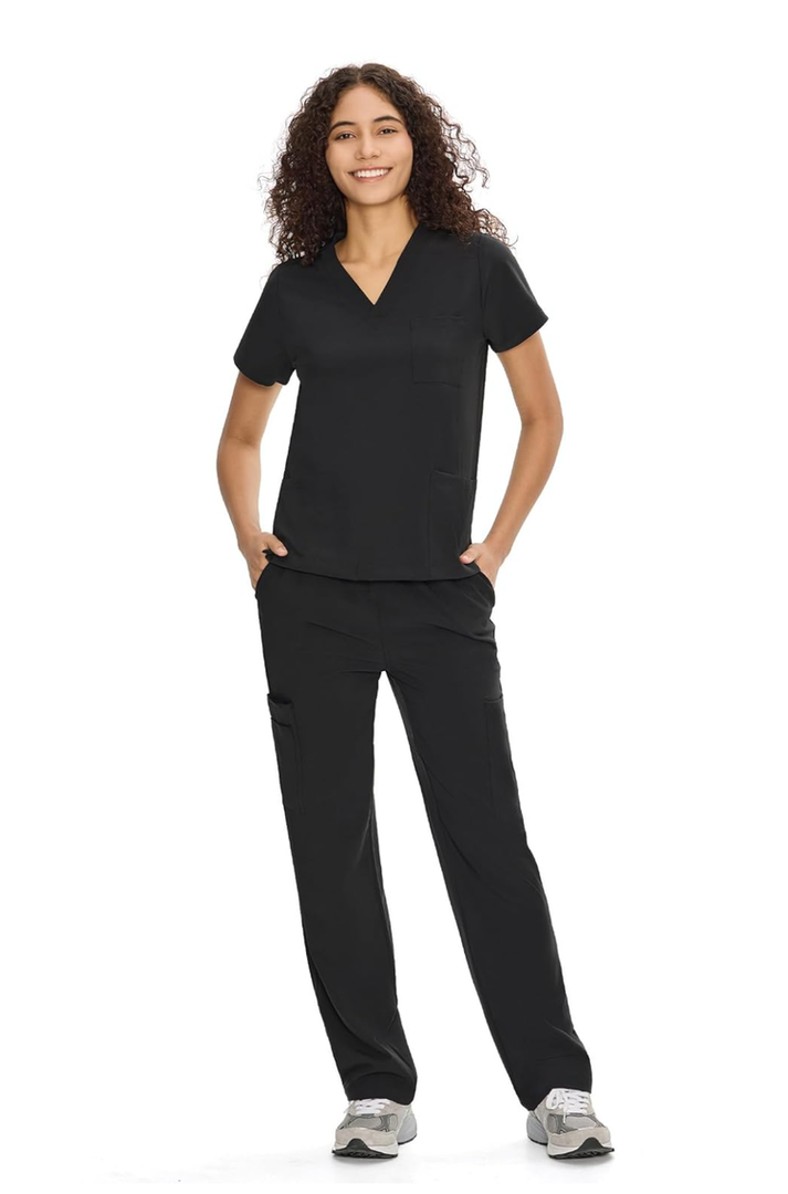 COZYFIT Scrubs for Women Set Medical Uniform - V-Neck Top & Straight Leg Pants with 9 Pockets, Unisex Workwear, 2XL, Black
