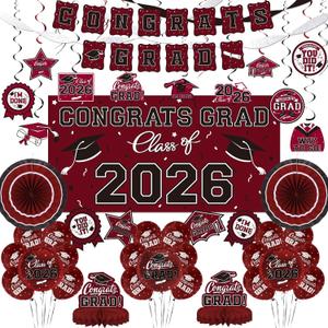 Maroon Themed 2026 Graduation Decorations Set - Congrats Grad Banner, Class of 2026 Backdrop, Balloons & Streamers Kit - Complete Party Supplies for High School & College Celebrations