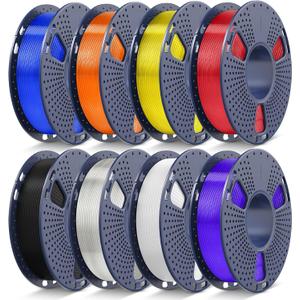 JAYO PLA+ Filament Bundle 1.75mm, 3D Printer Filament Bundle Multicolor, Individually Vacuum Packed, 250g Spool, 8 Pack, 2KG in Total, Black+White+Transparent+Clear(Blue+Red+Orange+Yellow+Purple)