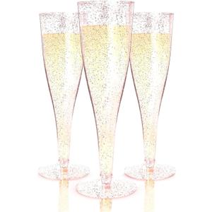 Prestee 24 Piece Plastic Champagne Flutes - 4.5 oz Plastic Wine Glasses with Rose Gold Glitter - Cocktail Glasses for Parties - Party Supplies for Mimosa Bar, Wedding, Shower Party and New Years Eve