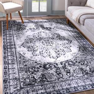 YJ.GWL Area Rug for Living Room, 3x5 Machine Washable Boho Rug for Bedroom, Low Pile Lightweight Thin Rugs Floral Vintage Distress Print Pattern Carpet for Dining Room Kitchen, Navy/White