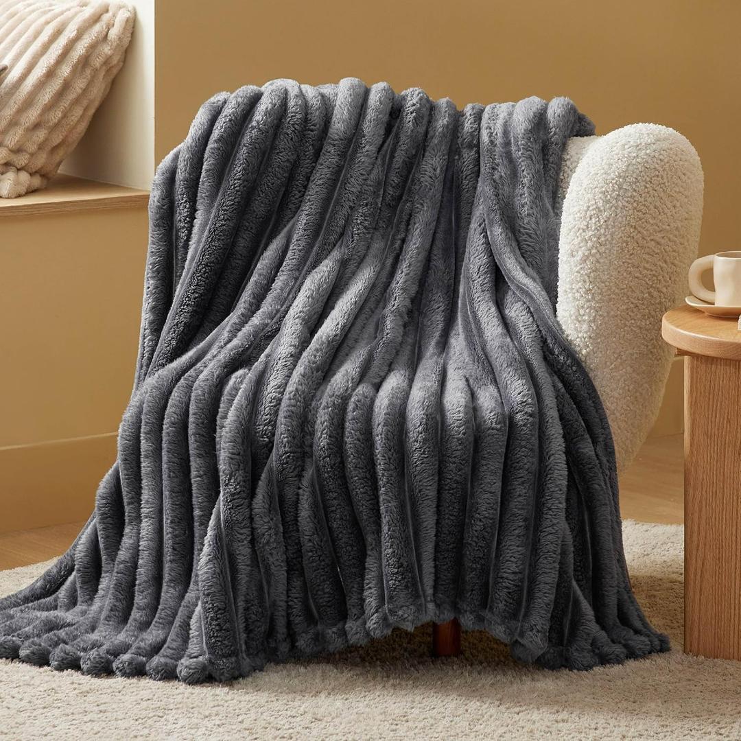 Bedsure Throw Blanket for Couch - 350GSM Super GentleSoft Cozy Blankets for Women, Cute Small Fleece Throws for Girls, Grey, 50x60 Inches, Wider Striped Design