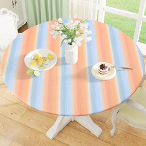 misaya Round Fitted Tablecloth with Elastic Edge, 100% Waterproof Oil Proof Plastic Table Cover, Vinyl Flannel Backed Tablecloth Fits 45"-56" Round Tables for Dinner, Outdoor, Picnic, Rainbow Striped
