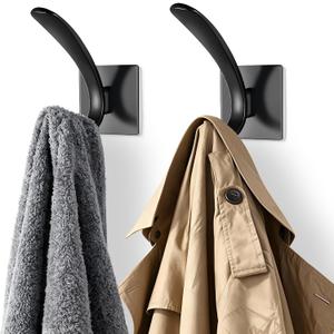2 x Self Adhesive Towel Hooks, Matte Black Metal Hooks,Waterproof Stainless Steel Hanger Coat Hooks for Hanging Coat,Towels, Bath Robe in Bathroom Kitchen Home