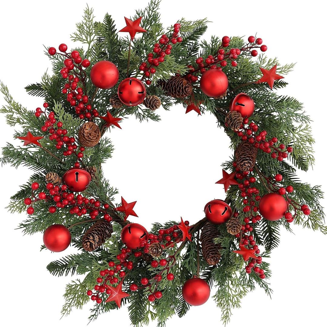 Christmas Red Wreaths for Front Door 20 Inches, Xmas Farmhouse Winter Wreath with Bells Balls Berry Stars for Window Outdoor Outside, Artificial Holiday Rustic Wreath for Indoor Porch Decor