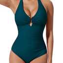 SUUKSESS Women Sexy Tummy Control One Piece Swimsuits Halter U-Wire Cutout Bathing Suit V Necck Push Up Swimwear 2026(Peacock Blue,M)