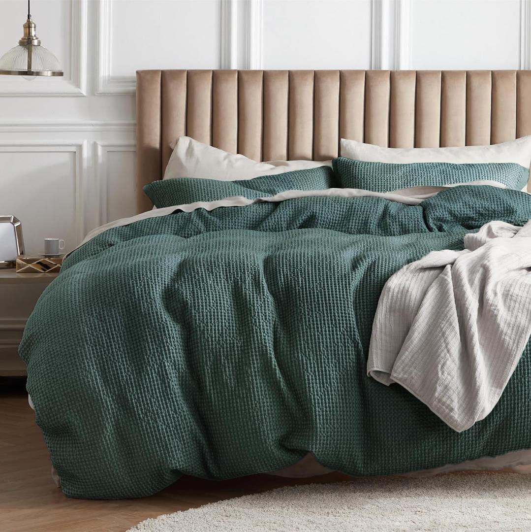 Bedsure Cotton Duvet Cover Queen - 100% Cotton Waffle Weave Forest Green Duvet Cover Queen Size, GentleSoft and Breathable Bedding Set for All Season, 3 Pieces, 90"x90"