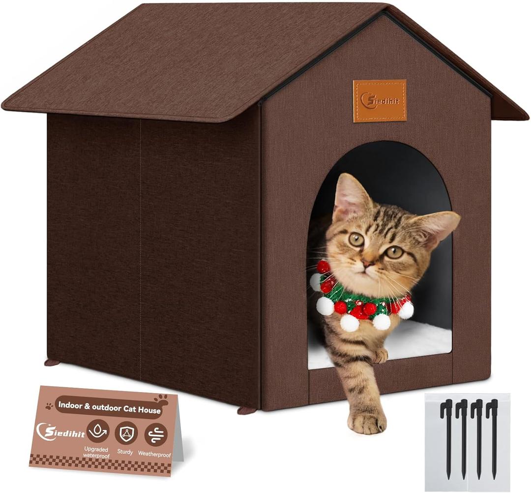 Outdoor Cat House for Shelter Feral Cat, Outside Waterproof Cat House for Outdoor/Indoor Cats, Insulated Cat Bed for All Seasons with Cozy Cushion (Brown, Zip Style)