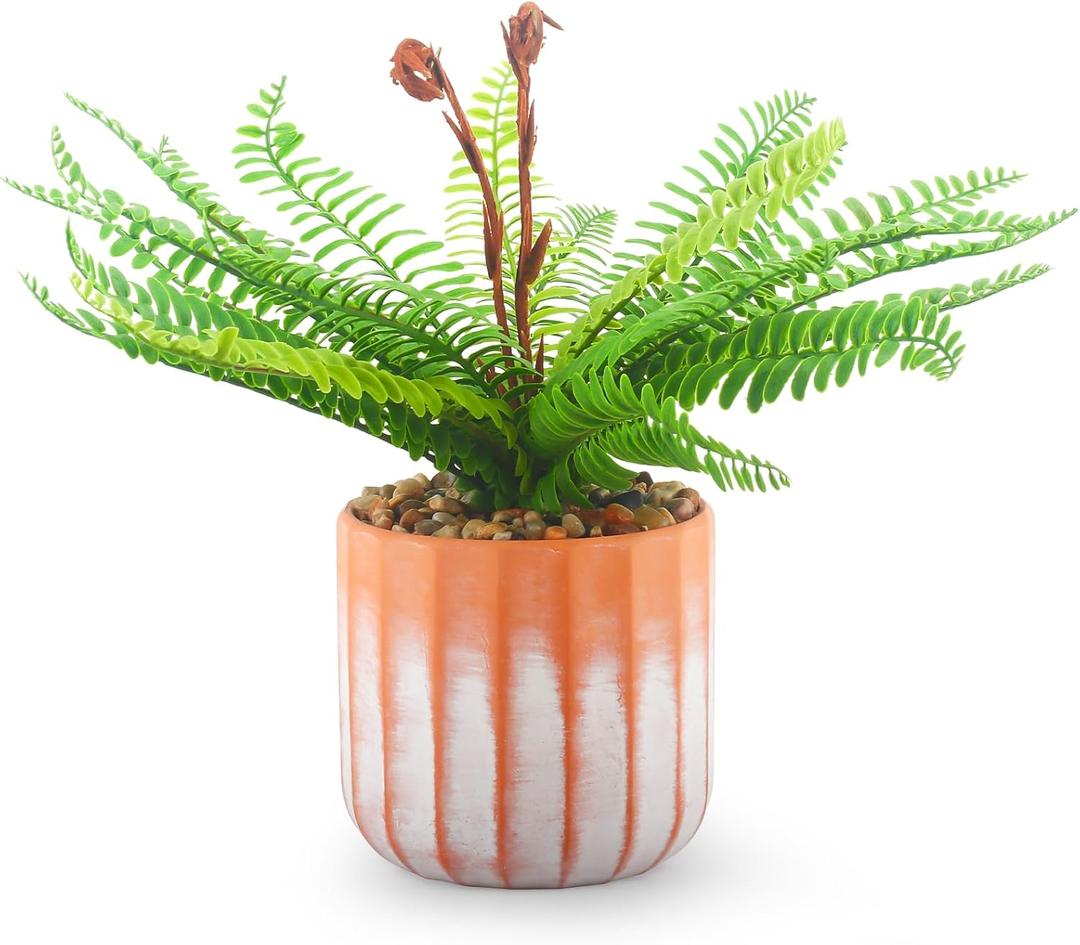 Artificial 21 Fronds Boston Ferns with Pot for Home and Outdoor Decor, Large Faux Fern Plants Decoration for Office & Living Room, Patio, Garden, Suitable for Christmas Decor (Pink & White Pot)