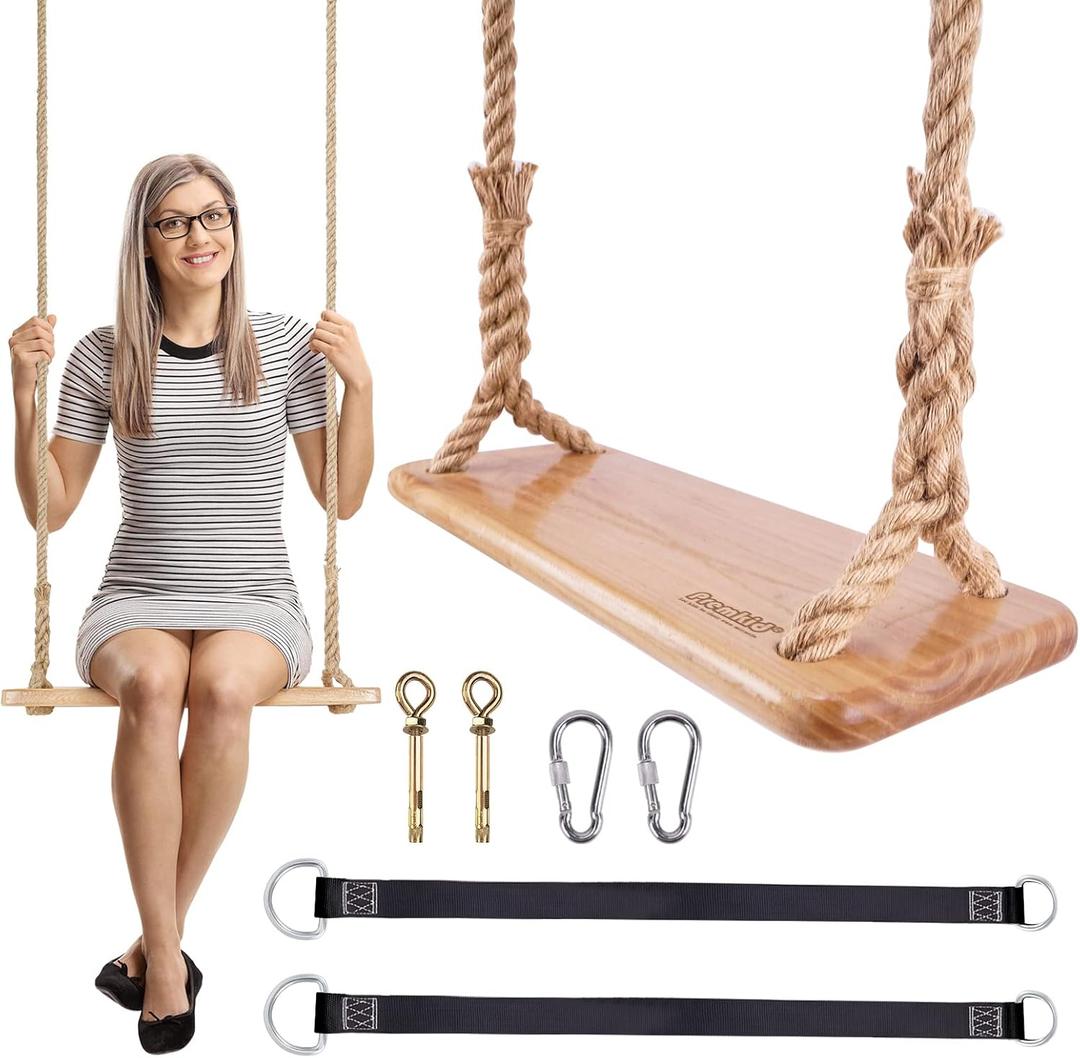 Hanging Wooden Swing, 24"x 8"x 1.2" Tree Swing for Adults and Kids with 500lbs Load, Adjustable Hemp Rope Plus Tree Straps 10.54FT, Wood Swing Set Seat for Outdoor and Indoor Use