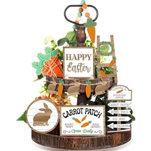 Jetec 12 Pcs Easter Tiered Tray Decor Wooden Carrot Patch Bunny Egg Tiered Tray Items Happy Easter Signs for Spring Home Farmhouse Rustic Kitchen Decorations (Wooden Bunny)