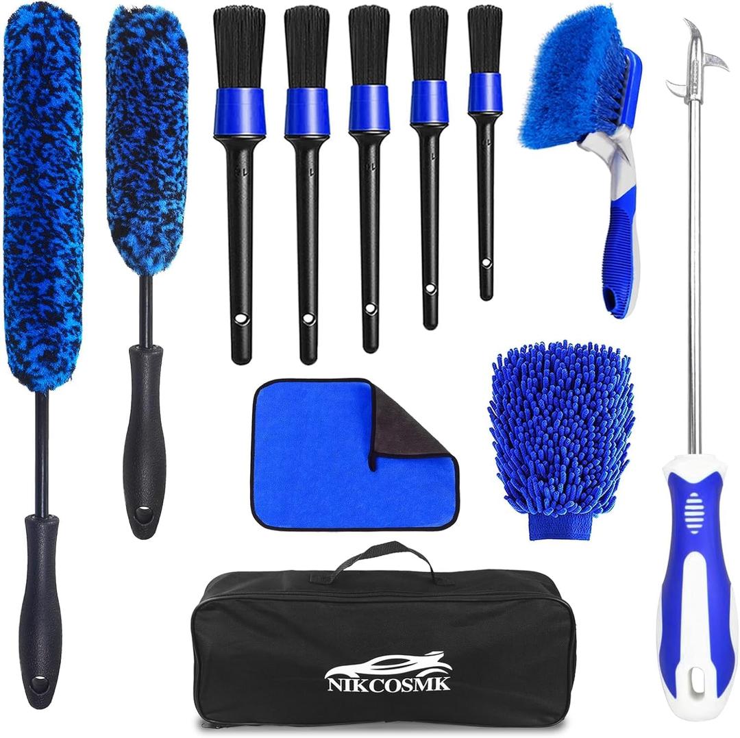 12Pcs Wheel Brush Kit for Cleaning Wheel and Tire, Wheel and Rim Brush, Car Detailing Brushes, Tire Brush, Bendable & Durable Car Wheel Rim Cleaner Brush Set,Car Detailing Cleaning Brush Supplies Kit (Blue)