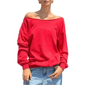 Women's Off Shoulder Sweatshirt Long Sleeve Casual Pullovers Tops Basic Trendy Y2K Fall Clothes (Medium, Red)