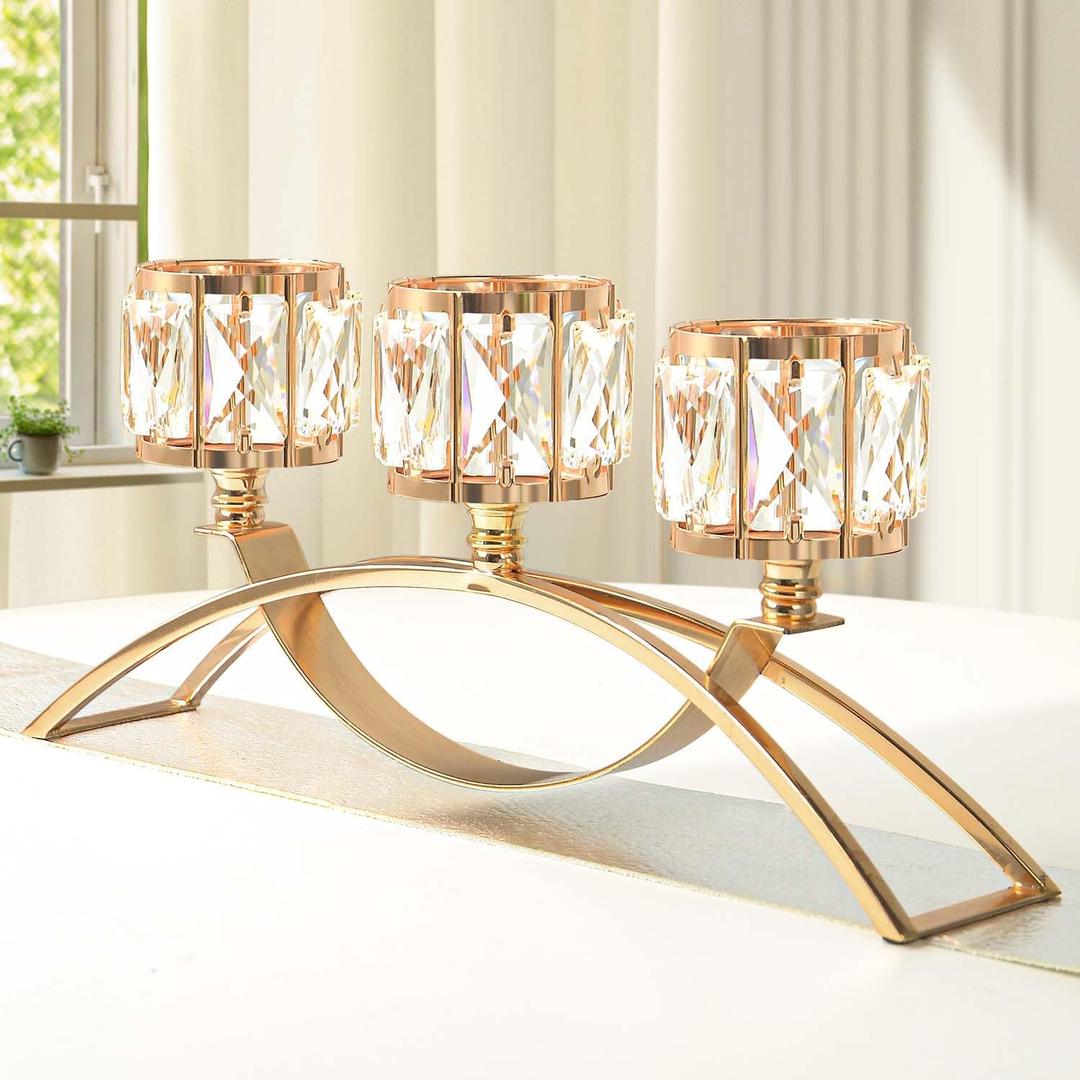 3 Arms Crystal Candle Holders, Arch Candlestick Table Candelabras Centerpieces for Wedding, Dinning Room, Cabinet Ornaments, Home Decoration Gift (3-arm Arched, Gold)