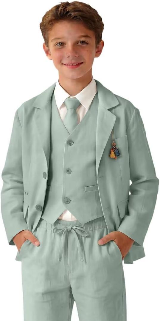Retro Linen Boys Suit Slim Fit 5 Piece Sets Kids Wedding Outfit Linen Suits Casual Drawstring Tuxedo Set for Boy 14Y