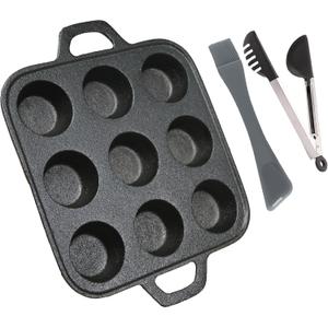 13Inch Cake Cast-iron Pan with1x10 inch dual-purpose oil brush, 1x10 inch semi-circular clip- 9 Cavity Circular Bakeware - Durable, Nonstick Cast Iron Cookware  Black (Two-piece set)