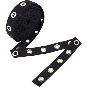BENECREAT 6 Yards 1" Wide Black Cotton Grommet Eyelet Twill Tape Trim, 8mm Gold Metal Eyelet Ring Ribbon Strip for Sewing Crafts Making