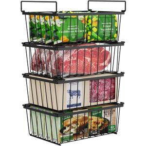 iSPECLE Freezer Organizer Bins - 4 Pack Stackable Deep Freezer Organizer Bins for 5 Cu.Ft Chest Freezer Easy Get Food from Bottom without Digging, Add Space Sort Store More Frozen Food, Black