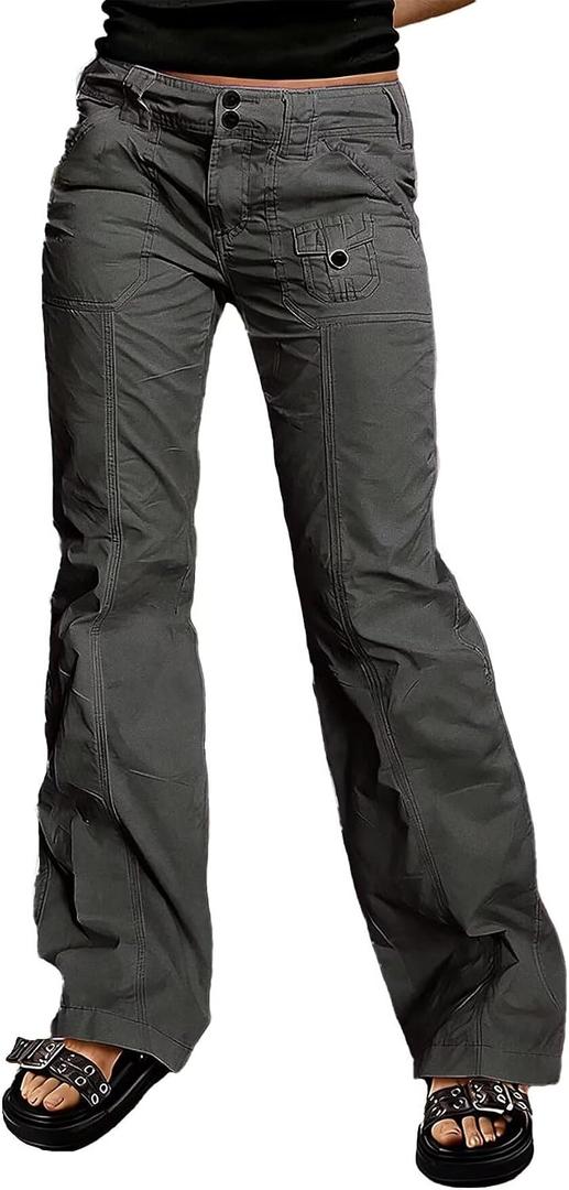 Flamingals Straight Leg Pants for Women Mid Rise Casual Front Patch Pocket Design Solid Seam Pants