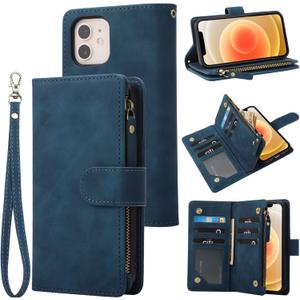 RANYOK Wallet Case Compatible with iPhone 12/12 Pro (6.1 inch), Premium PU Leather Zipper Flip Folio RFID Blocking Wallet with Wrist Strap Kickstand Protective Case - Blue
