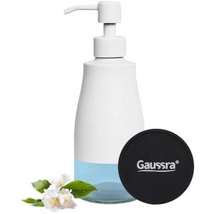 Gaussra White Soap Dispenser with Coaster and Stickers, Stainless Steel and Glass Bottle Hand Pump Dispenser, Refillable Liquid Hand Soap Dispenser for Bathroom & Kitchen (11OZ / 320ML)