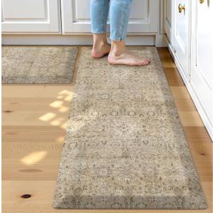 Collive Kitchen Mats for Floor 2PCS, Cushioned Anti Fatigue Rugs Non Slip Waterproof Kitchens Sink Rug, Vintage Floral Comfort Standing Mat for Laundry, Desk, Bar, Office, 17.3''x28''+17.3''x47'' (Khaki) Collive Kitchen Mats for Floor 2PCS, Cushioned Anti Fatigue Rugs Non Slip Waterproof Kitchens Sink Rug, Vintage Floral Comfort Standing Mat for Laundry, Desk, Bar, Office, 17.3''x28''+17.3''x47'' (Khaki)