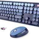 Wireless Keyboard and Mouse Combo, Ergonomic Full Size Typewriter Retro Round Keycaps Keyboard, Compatible with Windows, PC, Perfer for Home and Office Keyboards, Twilight Blue