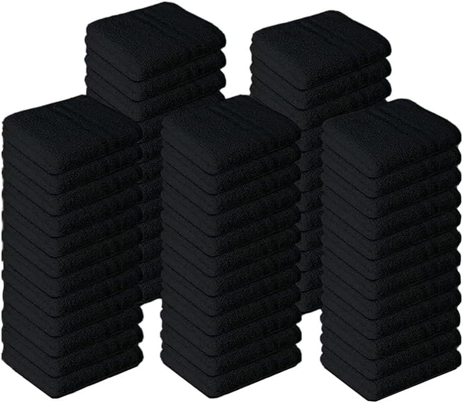 Cotton Washcloths Pack of 50, Size 12x12, Commercial Grade, Absorbent, Soft, Multipurpose Towels for Face, Gym, Kitchen, Hotel, Spa Reusable Fingertip Towels (Black)