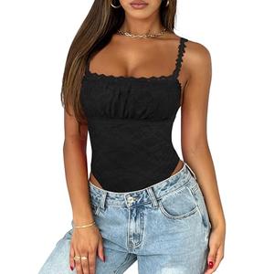 Saslax Women's Sexy Square Neck Lace Sleeveless Bodysuit Tank Tops Double Lined Thong Body Suit Going Out Outfits Black S