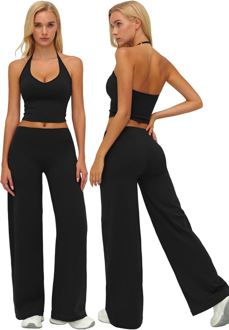 QBGJTD Womens Workout Sets Two Piece Spaghetti Straps Crop Top Matching Straight Leg Pants Gym Work Pilates Outfits (Medium, Halter Black)