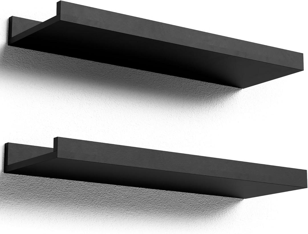 Boswillon Floating Shelves Wall Mounted Set of 2, Modern Black Wall Shelves for Storage with Lip, Display Picture Ledge Shelf for Wall Decor Bedroom Living Room Bathroom Kitchen (15.7 in)