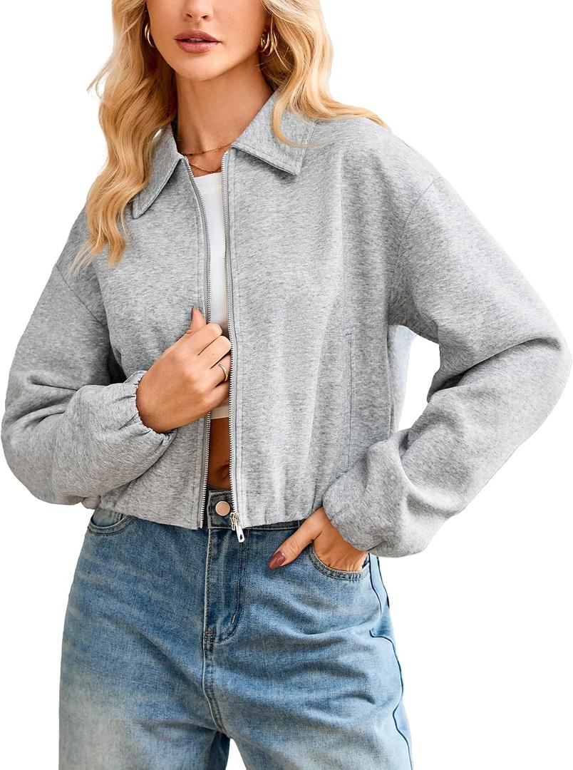 YEXPINE Women's Zip Up Sweatshirt Long Sleeve Cropped Bomber Jacket Spring Outerwear with Welt Pockets