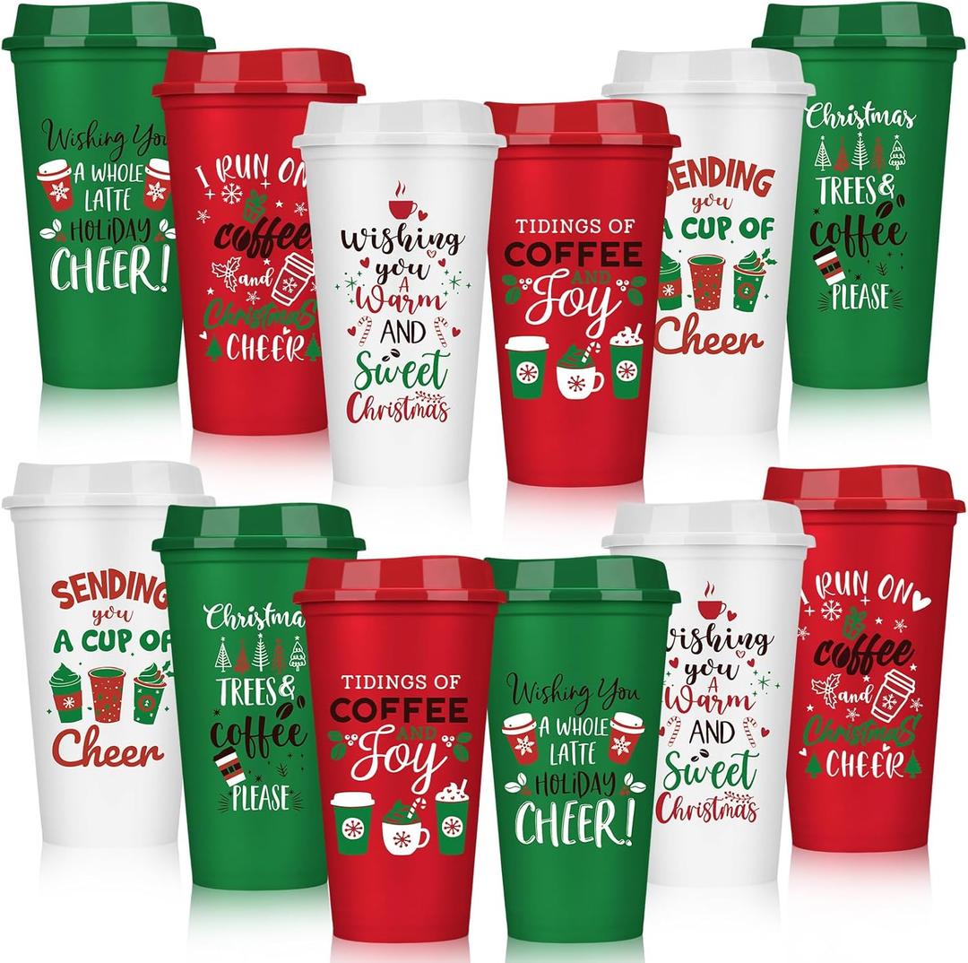 Pickmesh 12 Pack Christmas Coffee Cups Gifts Bulk 16 oz Reusable Coffee Cup Tumblers with Lid Plastic Cups Travel Mug Thank You Gifts for Women Coworkers Holiday Drinks (Classic Style)