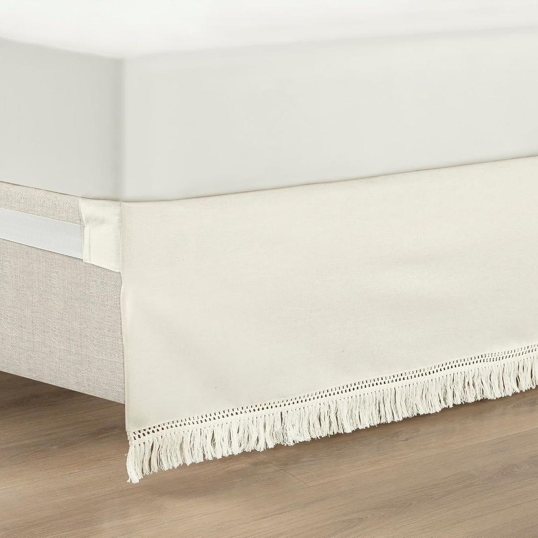 Lush Decor Boho Fringe 15-Inch Tailored Drop Easy Fit Bed Skirt Queen Size Single 60" W x 80" L +15" White - Queen Bed Skirt - Wrap Around Bed Skirt