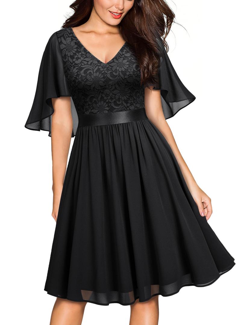 MISSMAY Women's Plus Size Lace Contrast Chiffon V Neck Flowy Cocktail Wedding Guest Midi Dress,S