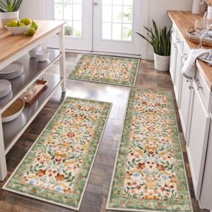HEBE Boho Kitchen Rugs Set of 3, Non Slip Washable Kitchen Mats for Floor
