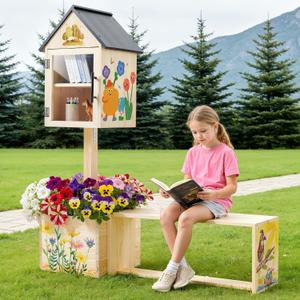 Little Library Box Outdoor Kit with Bench & Planter, 3-in-1 Pine, 47*43in