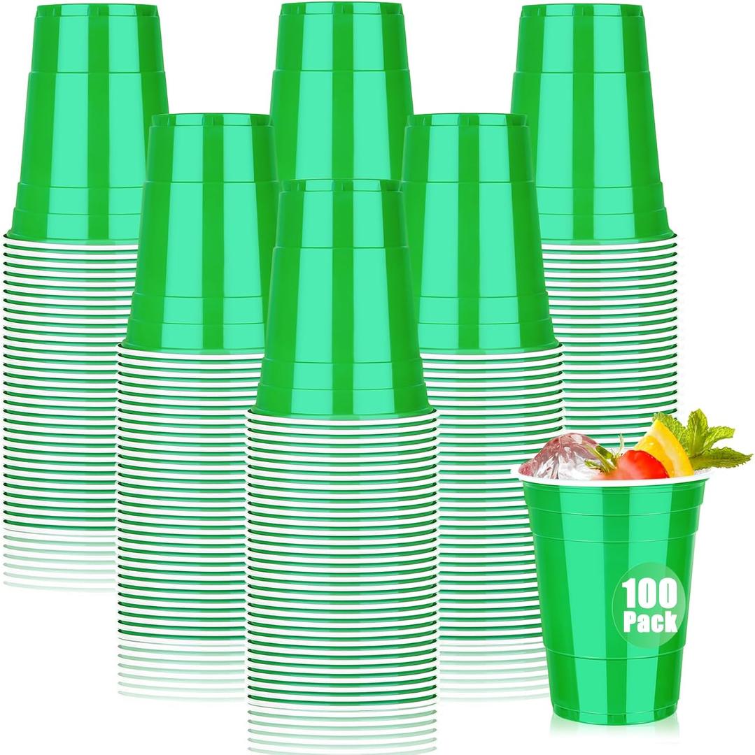 100 Pack Green Plastic Cups 16 oz, Disposable Cups for St Patrick's Day, Heavy Duty Drinking Cups, Graduation Cup for Wedding Christmas Beer Taste Serving Snack Sample Tastings Barbecues