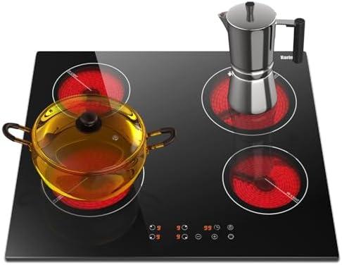 Karinear Drop-in 4 Burner Electric Cooktop 24 Inch Radiant Cooktop, Electric Stove Top with Residual Heat Indicator, Child Safety Lock, Timer, 220-240V, 6000W, Hard Wire(No Plug)