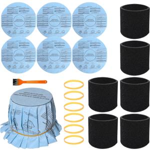 19 Pcs Reusable Vacuum Filter Kit for 5-Gallon+ Wet/Dry Vacuums (6 Foam Sleeve Filters 90585, 6 Dry Filter Discs 90107, 6 Retaining Bands, 1 Brush -Compatible with Shop-Vac, Genie, VacMaster)