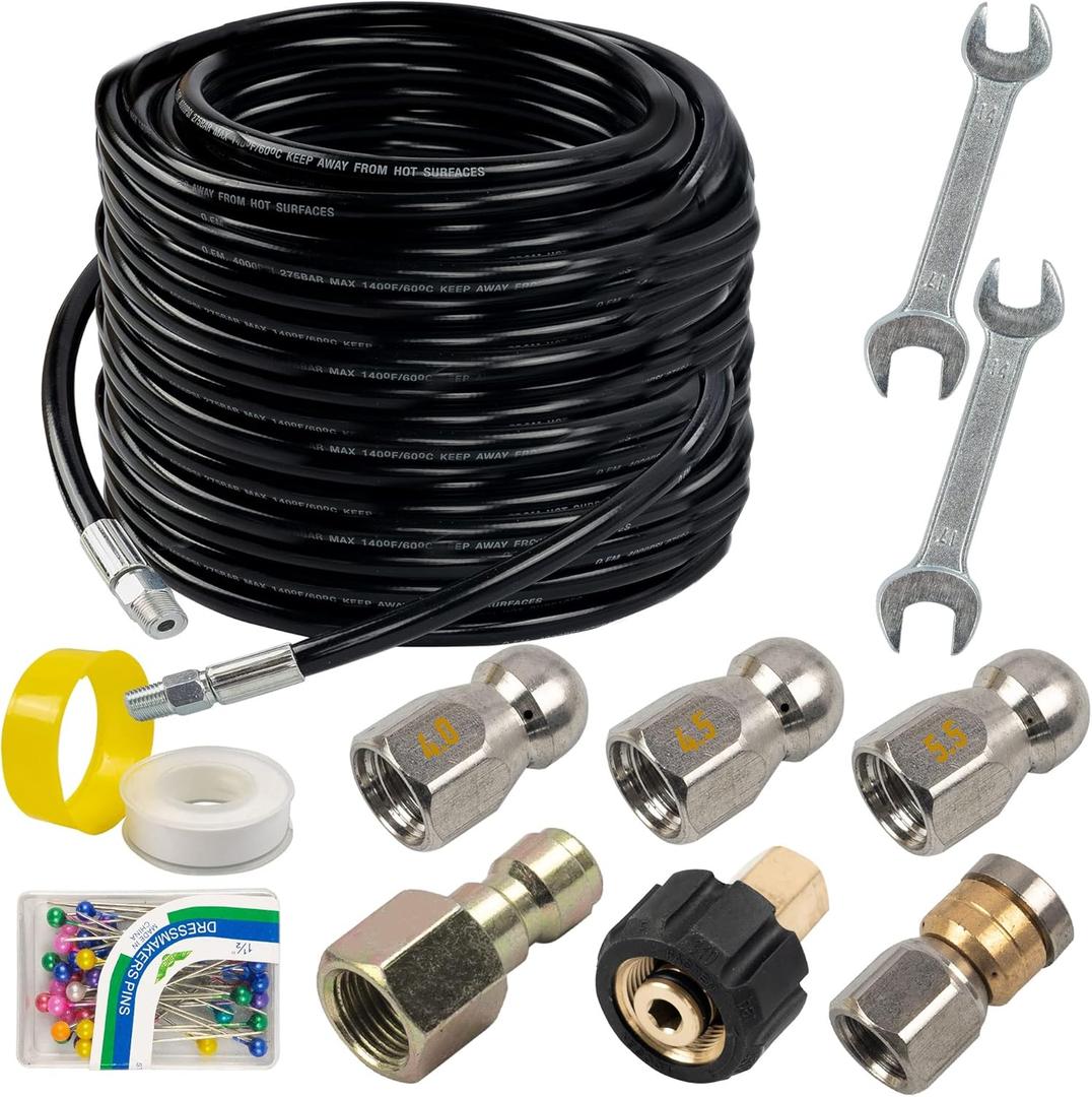 Hourleey Sewer Jetter Kit for Pressure Washer 100FT, Drain Cleaner Hose 1/4 Inch NPT, Orifice 4.0 Button Nose and Rotating Sewer Jetting Nozzle Spanner Tape Pearl Corsage Pin, 4000 PSI