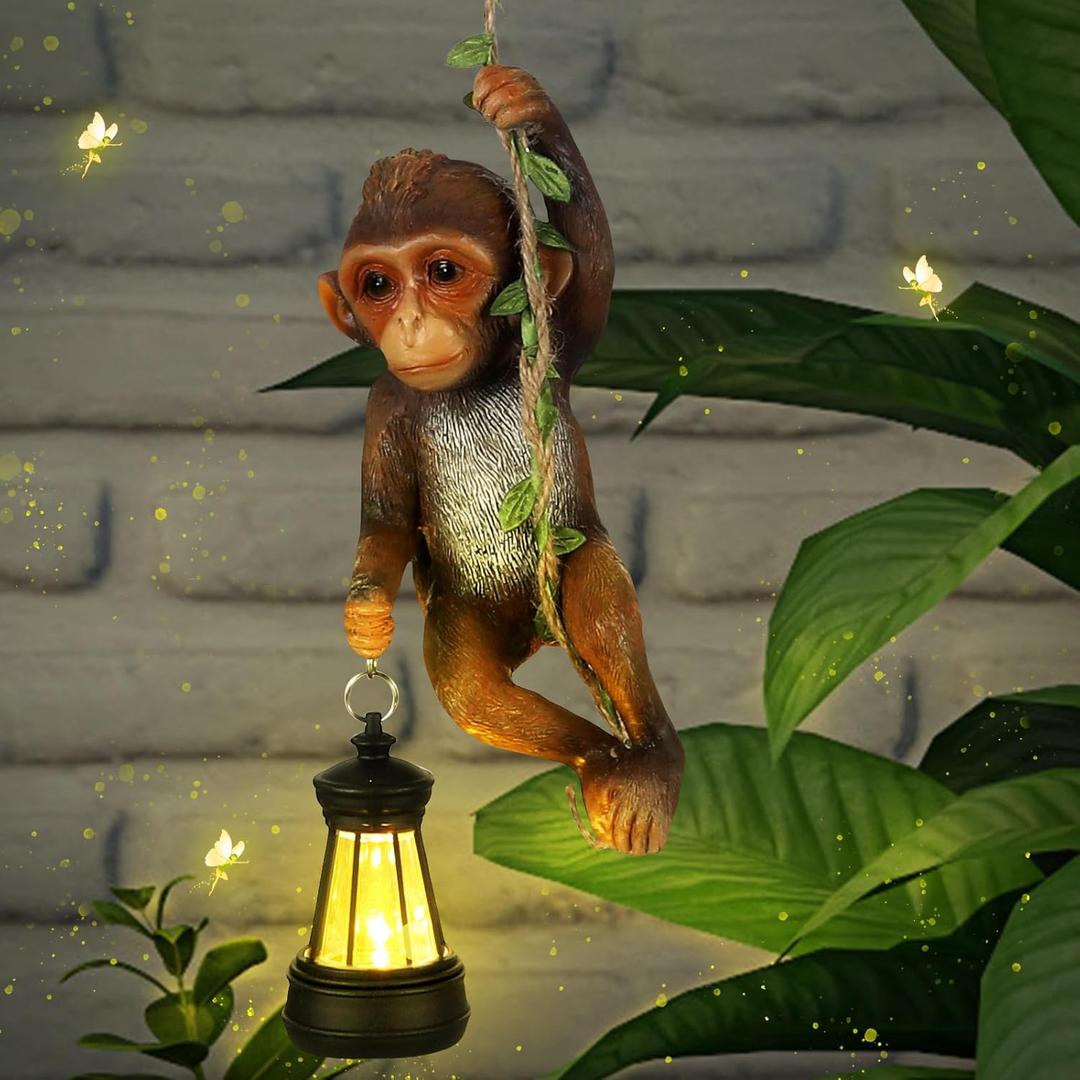 Rossesay Solar Light Outdoor Monkey Statues Brown 7.48 Inch Resin Chimpanzee Baby Monkey Climbing on Vine with LED Lantern Waterproof Hanging Figurine with Hook for Yard Garden Wall