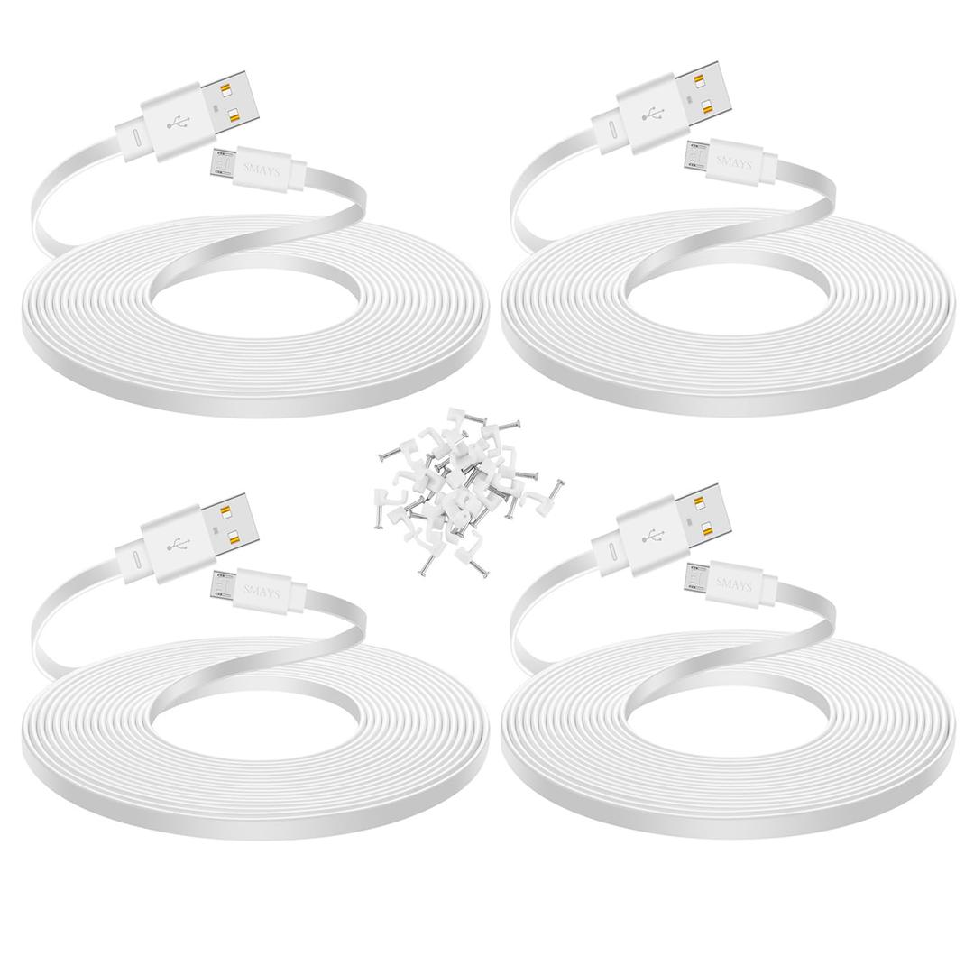 Smays 4-Pack 25 ft Extension Cable for WYZE Cam v4, WYZE Cam v3 and v3 Pro Camera, Long Flat Micro USB Cord, White
