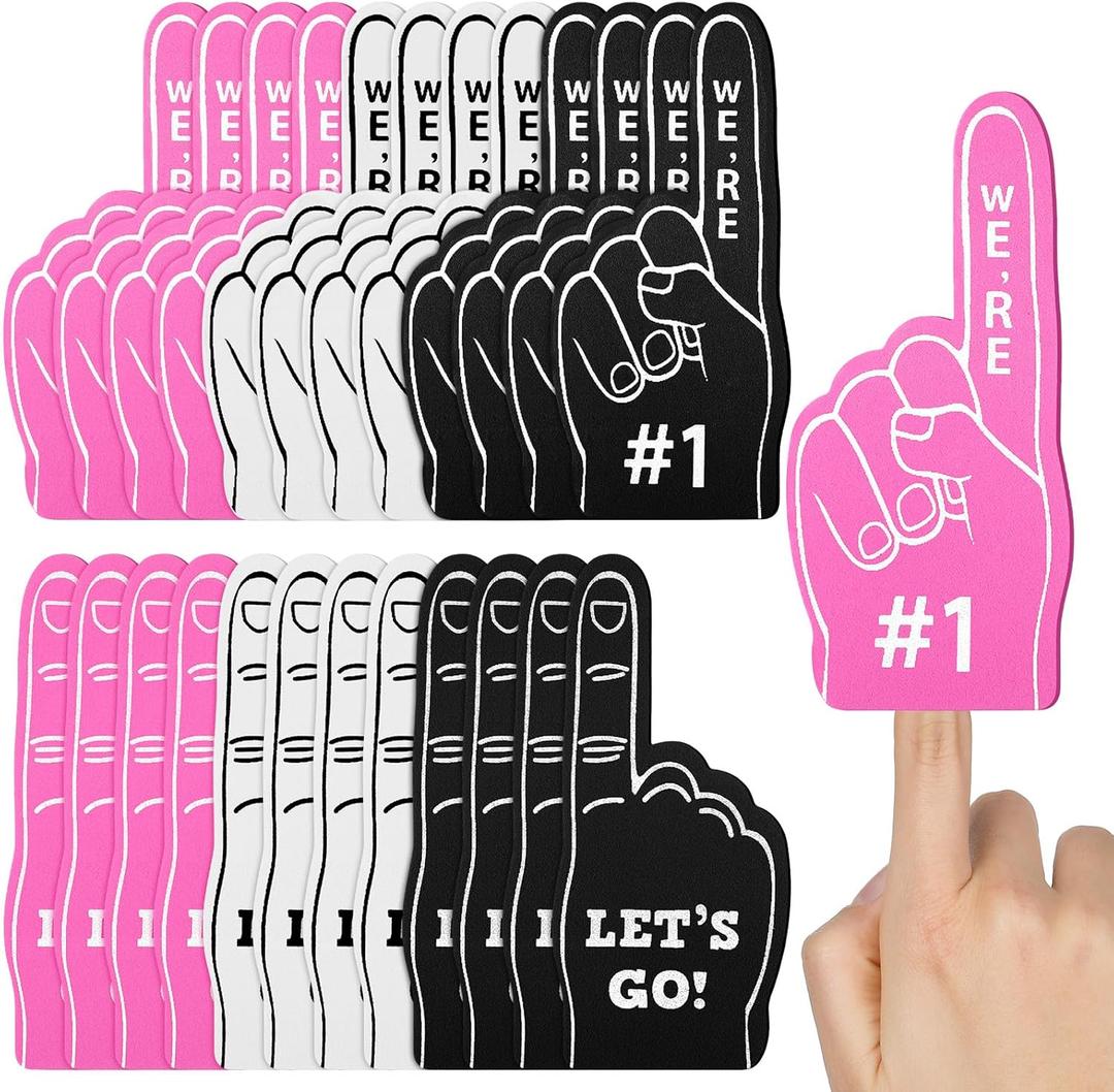 Sinmoe 24 Pcs Mini Foam Finger Baseball Fan Mini Foam Finger, We're #1 Sports Themed Party Supplies for Baseball Hockey Football Basketball Events Team Gifts(Black, White, Pink)